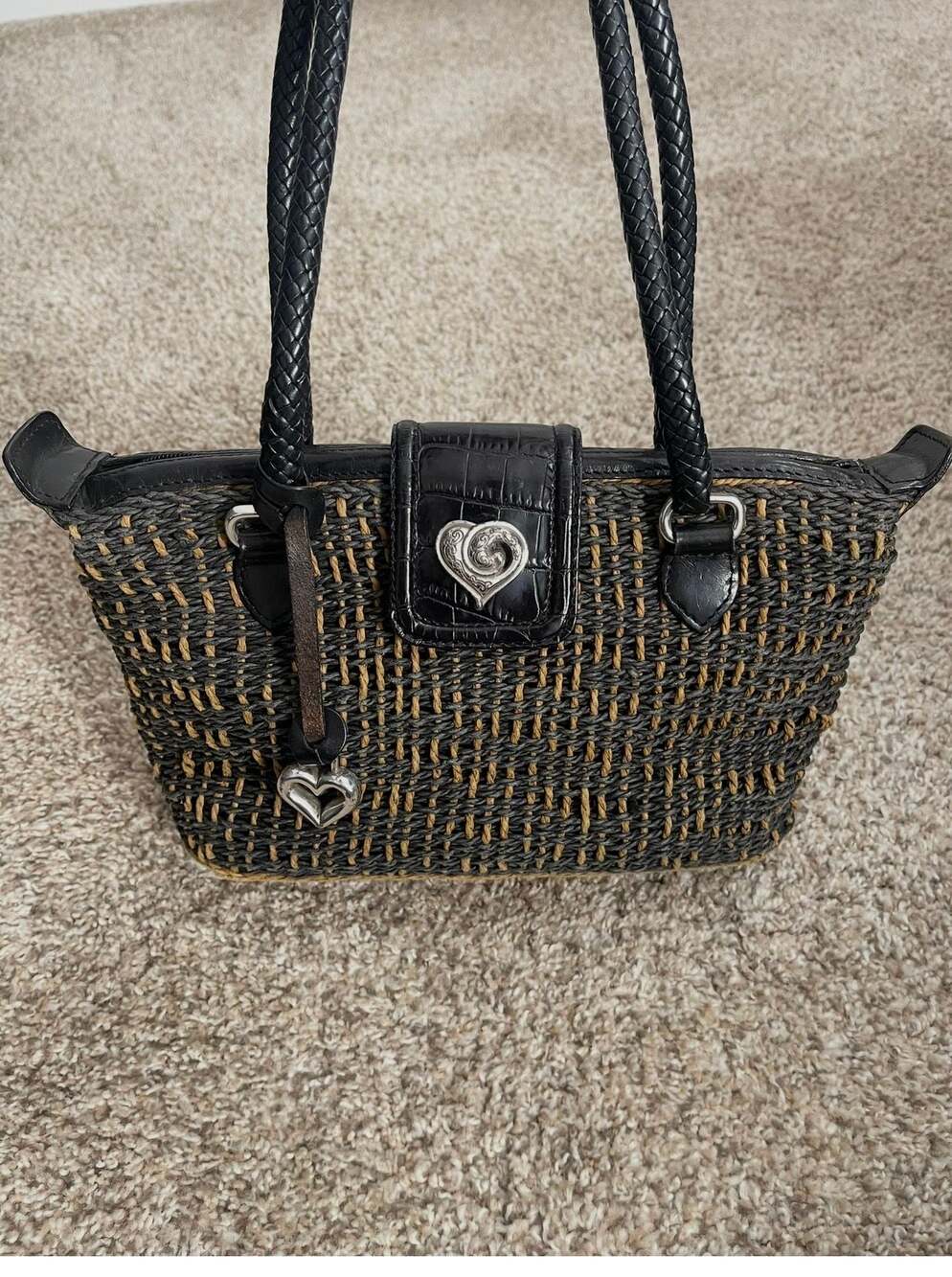 Brighton Woven Straw Shoulder Bag with Croc-Embossed Leather Bag